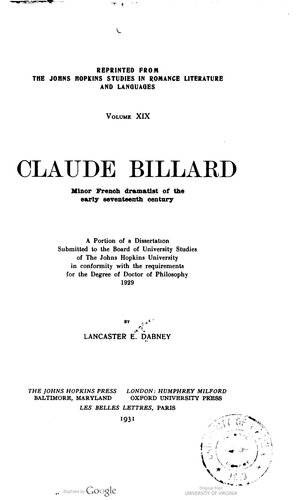 Claude Billard: Minor French Dramatist of the Early Seventeenth Century