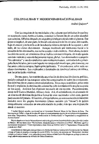 Colonialidad y Modernidad/Racionalidad