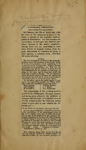 Professor Sonntag's thrilling narrative of the Grinnell exploring expedition to the Arctic Ocean, in the years 1853, 1854, and 1855, in search of Sir John Franklin un der the command of Dr. E. K. Kane