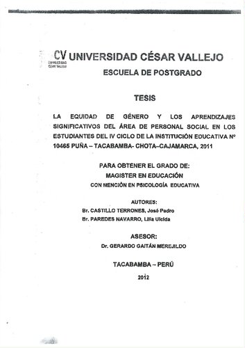 La equidad de género y los aprendizajes significativos del área de Personal Social en los estudiantes del IV ciclo de la Institución Educativa N° 10465 Puña - Tacabamba - Chota - Cajamarca, 2011 [NO CITAR, CONTIENE MATERIAL PLAGIADO]