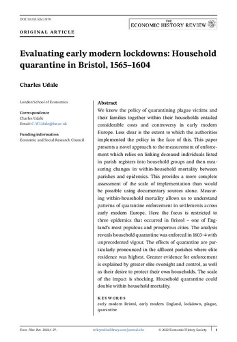 Evaluating early modern lockdowns :Household lockdown in Bristol, 1565-1604