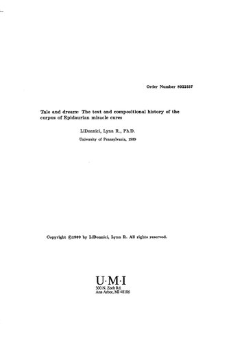 Tale and dream: the text and compositional history of the corpus of Epidaurian miracle cures