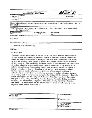 Higher education and social change: Promising experiments in developing countries. Volume 2: Case Studies