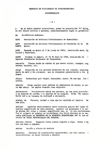 Proyecto Un Diccionario de Ecuatorianismos: Documentación. A-M