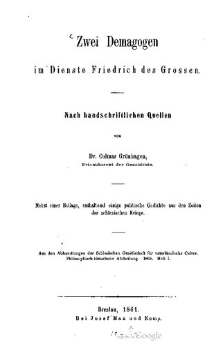 Zwei Demagogen im Dienste Friedrich des Großen ; nach handschriftlichen Quellen