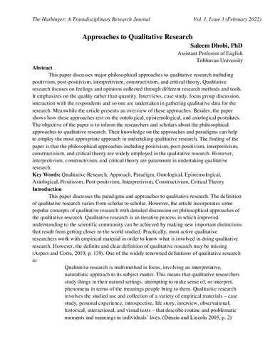 Trimester  Approaches to Qualitative Research