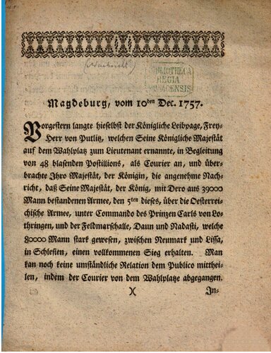 Nachricht von dem Siege des Königs von Preußen am 5. Dezember 1757 [Schlacht bei Leuthen]