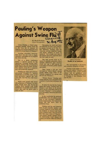 Orthomolecular Medicine : Professor Linus Pauling : Vitamin C against Swine Flu Influenza Covid (August 1976)  - vitamin c and common cold - how to live longer feel better