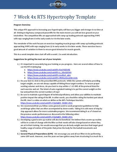 7 Week 4x RTS Hypertophy Template - Reactive Training Systems - Adaptive Templates