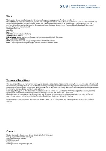 Über den ersten Feldzug des russischen Kriegsheeres gegen die Preußen im Jahre 1757