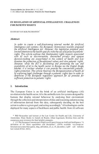 EU regulation of artificial intelligence: Challenges for patients’ rights