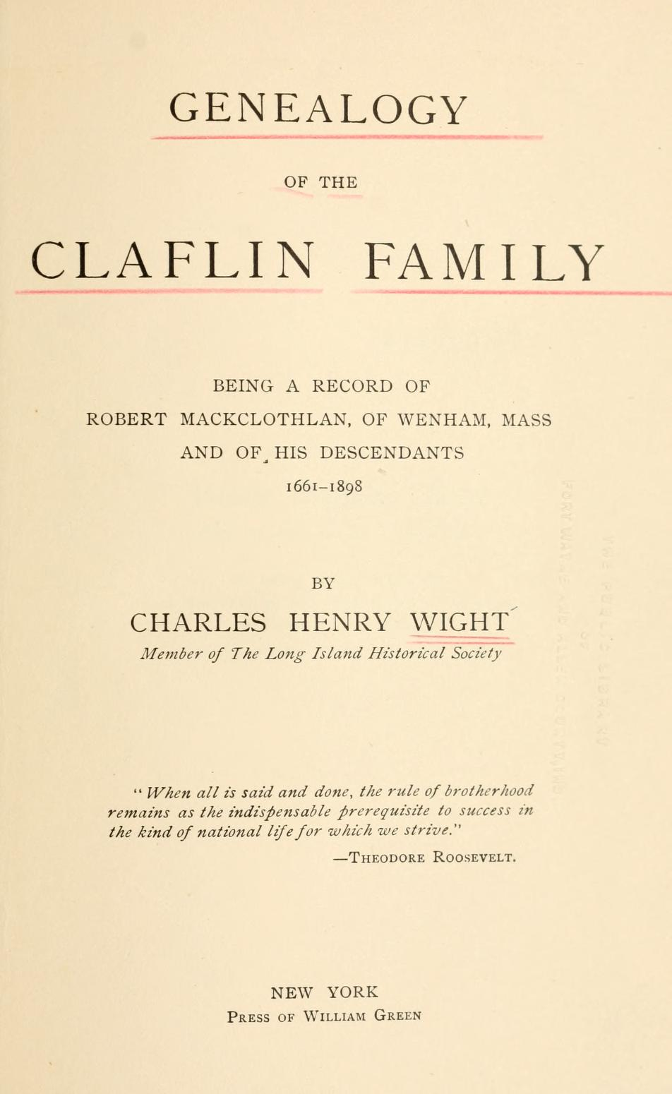 Genealogy of the Claflin family : being a record of Robert Mackclothlan, of Wenham, Mass. and of his descendants, 1661-1898