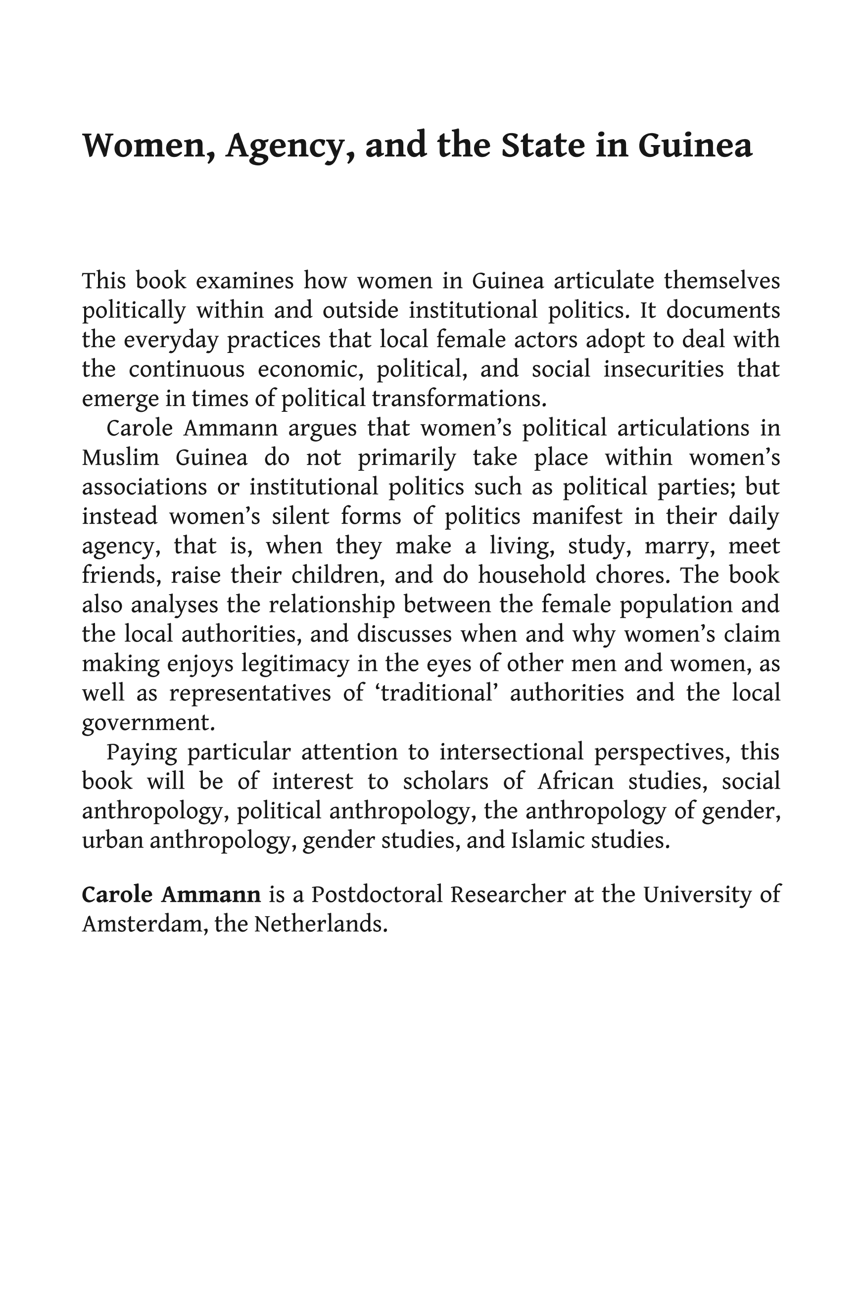 Women, Agency, and the State in Guinea: Silent Politics