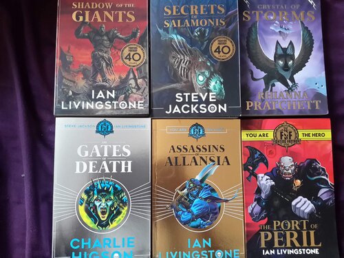 Fighting Fantasy Gamebooks Six Latest Titles Main Book Collection Secrets of Salamonis,Shadows of the Giants,Gates of Death,Port of Peril,Crystal of Storms, Assassins of AllansiA MEDIUM Quality