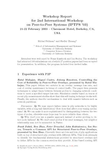 Peer-to-Peer Systems II: Second International Workshop, IPTPS 2003, Berkeley, CA, USA, February 21-22, 2003. Revised Papers