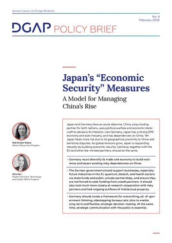 Japan’s “Economic Security” Measures : A Model for Managing China’s Rise