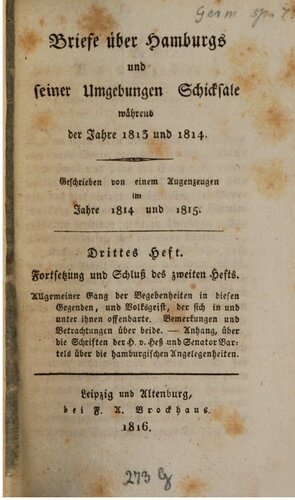 Briefe über Hamburgs und seiner Umgebungen Schicksale während der Jahre 1813 und 1814