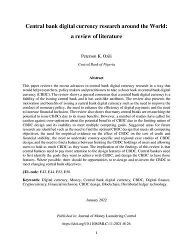 Central bank digital currency research around the world: a review of literature