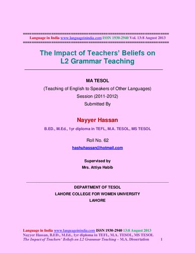 The Impact of Teachers’ Beliefs on L2 Grammar Teaching
