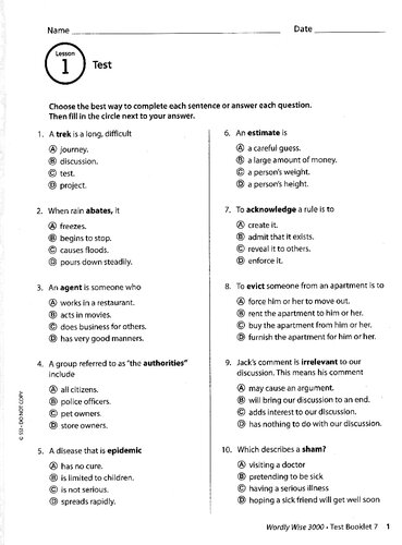 Wordly Wise, Grade 7_Test Booklet