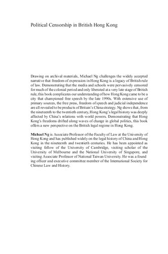 Political Censorship in British Hong Kong: Freedom of Expression and the Law (1842-1997)