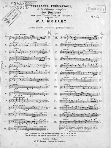 Collection de quatuors pour 2 violons, viola et violoncelle par W. A. Mozart
