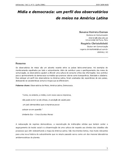 Mídia e democracia: um perfil dos observatórios de meios na América Latina