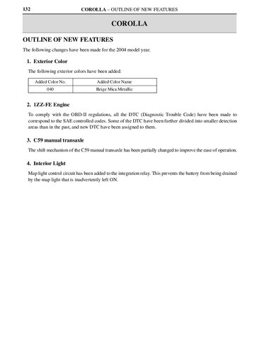 9th gen Toyota Corolla ZZE130 Service Manual (2003-2008)