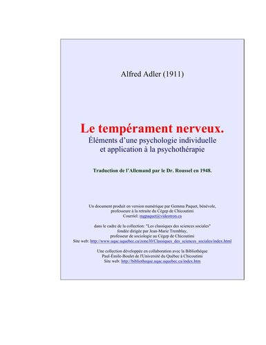 Le tempérament nerveux. Eléments d'une psychologie individuelle et application à la psychothérapie