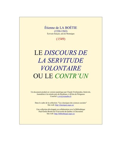 Discours de la servitude volontaire ou le Contr'un