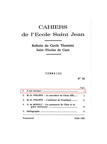 A nos lecteurs  - Présentation des Cahiers, les trois Sagesses