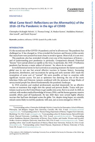 The Journal of the Gilded Age and Progressive Era  What Came Next?: Reflections on the Aftermath(s) of the 1918–19 Flu Pandemic in the Age of COVID