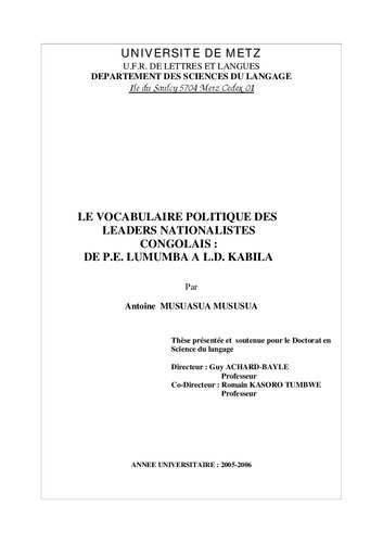 Le vocabulaire politique des leaders nationalistes congolais: de P. E. Lumumba à L. D. Kabila