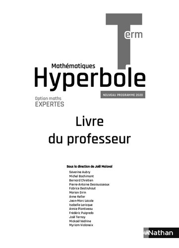 Hyperbole Terminale Maths Expert Livre du Professeur 2020