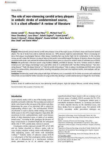 The role of non-stenosing carotid artery plaques in embolic stroke of undetermined source, is it a silent offender? A review of literature