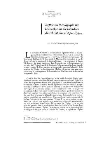 Aletheia, n°11, Juin 1997  Réflexion théologique sur la révélation du sacerdoce du Christ dans l'Apocalypse