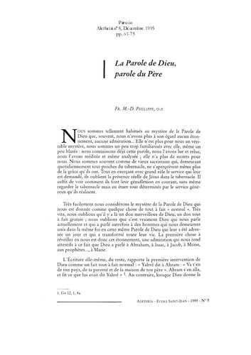 Aletheia, n°8, Décembre 1995  La Parole de Dieu, parole du Père