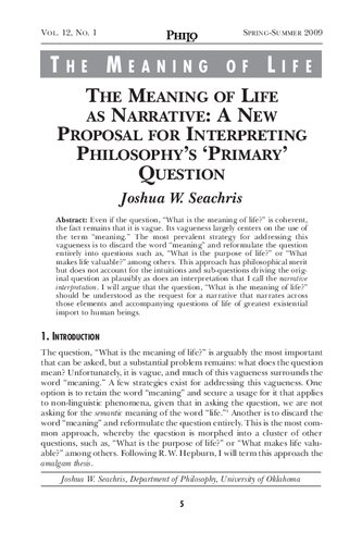 THE MEANING OF LIFE THE MEANING OF LIFE AS NARRATIVE A NEW PROPOSAL FOR INTERPRETING PHILOSOPHY’S ‘PRIMARY’ QUESTION