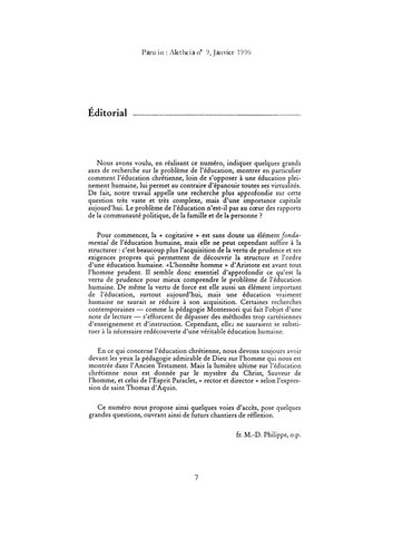 Aletheia, n° 9, Janvier 1996  L’éducation, un art au service de la personne humaine dans sa croissance