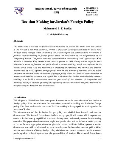Decision-Making for Jordan’s Foreign Policy [, 1&nbsp;ed.]
