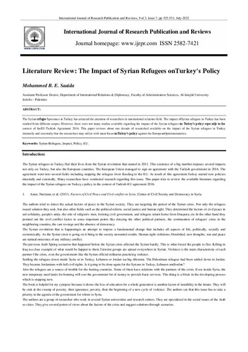 Literature Review: The Impact of Syrian Refugees onTurkey’s Policy