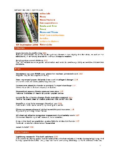Nature (Vol. 431, No. 7005, 9 September 2004)