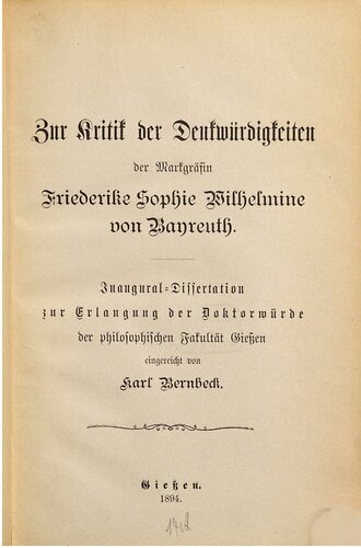 Zur Kritik der Denkwürdigkkeiten der Markgräfin Friederike Sophie Wilhelmine von Bayreuth