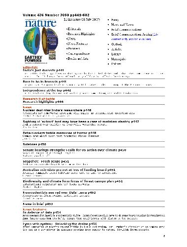 Nature (Vol. 436, No. 7050, 28 July 2005)