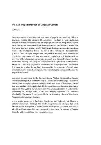 The Cambridge Handbook of Language Contact: Volume 1: Population Movement and Language Change