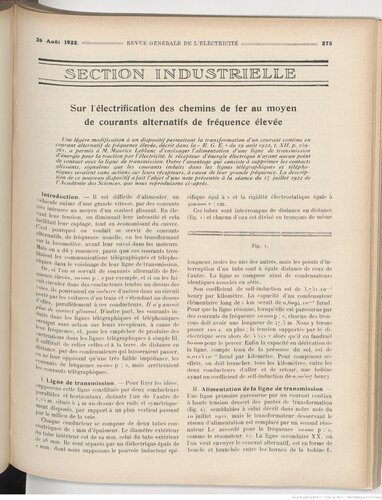 Sur l'électrification des chemins de fer au moyen de courants alternatifs de fréquence élevée
