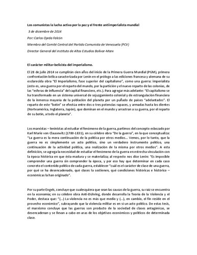 Los comunistas y la lucha activa por la paz y el frente antiimperialista mundial