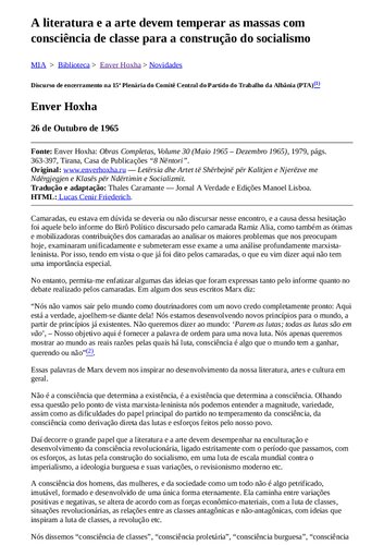 A literatura e a arte devem temperar as massas com consciência de classe para a construção do socialismo