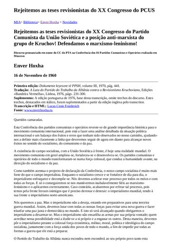 Rejeitamos as teses revisionistas do XX Congreso do Partido Comunista da União Soviética!