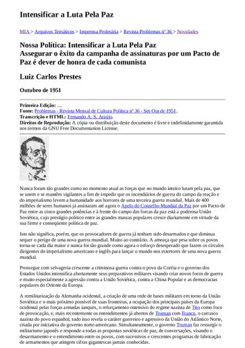 Intensificar a luta pela paz